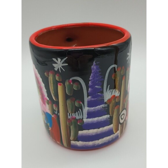 Mexican Folk Art Mug Redware Hand painted Cactus Glitter Red - Picture 3 of 8